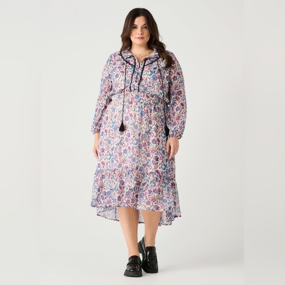 Dex Plus Gracie Contrast Trim Midi Boho Dress Purple Long Sleeve Size 1X Smocked - Picture 1 of 13